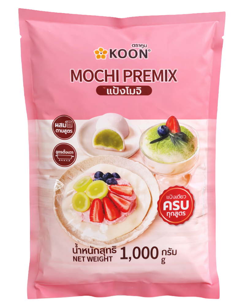KOON Mochi Premix pack, 1,000 g, pink packaging showing mochi, matcha shaved ice and a fruit-topped dessert